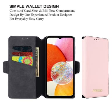 SKALO Samsung A14 4G/5G MUXMA Saffiano PU-nahka Lompakkokotelo - Pinkki
