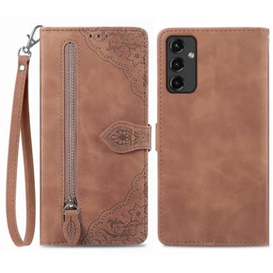 SKALO Samsung A14 4G/5G Big Wallet Flower Lompakkokotelo - Ruskea
