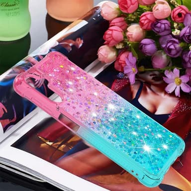 SKALO Samsung A34 5G Juoksuhiekka Glitter Sydämet TPU kuori - Pinkki-Turkoosi