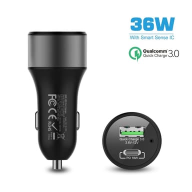 NÖRDIC autolaturi 36 W 1x USB C PD 18 W ja 1x USB A 18 W Quick Charger 3.0 Qualcomm -sertifioitu