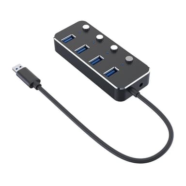 NÖRDIC 4-porttinen hub USB 3.0 5Gbps yksittäisellä kytkimellä 25 cm kaapeli alumiini musta