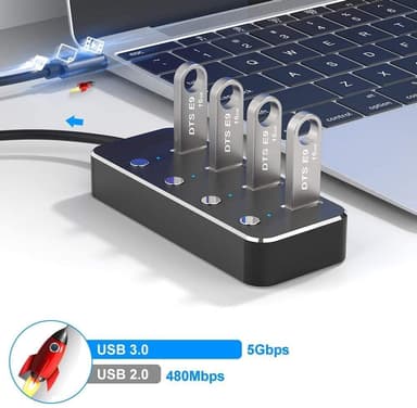 NÖRDIC 4-porttinen hub USB 3.0 5Gbps yksittäisellä kytkimellä 25 cm kaapeli alumiini musta