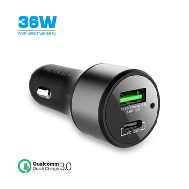 NÖRDIC autolaturi 36 W 1x USB C PD 18 W ja 1x USB A 18 W Quick Charger 3.0 Qualcomm -sertifioitu