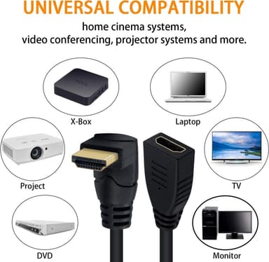 NÖRDIC kulmikas HDMI-sovitin 8K60Hz 4k120Hz 48Gbps uros-naaras HDMI2.1 15cm