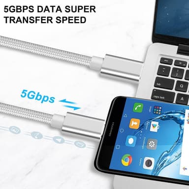 NÖRDIC 50cm USB C 3.1 USB C Nylon Braided kaapeli Pika lataus 3A Gen1 5Gbps Power Delivery PD 60W Valkoinen