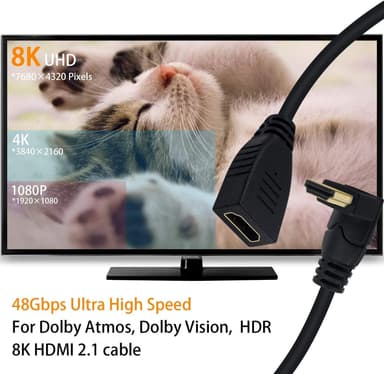 NÖRDIC kulmikas HDMI-sovitin 8K60Hz 4k120Hz 48Gbps uros-naaras HDMI2.1 15cm