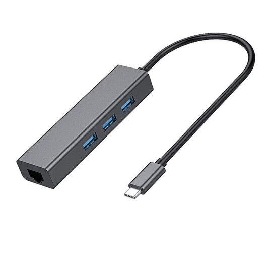 NÖRDIC USB C–Ethernet Giga -verkkosovitin, jossa 3x USB 3.1 -keskitin, 17 cm, alumiinia, Space Grey