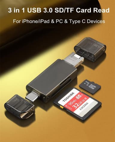 NÖRDIC OTG -kortinlukija 3 in 1 USB-C + Lightning + USB-A 3.0 -tuki SD / TF Micro SD -kortille Jopa 2TB 5Gbps