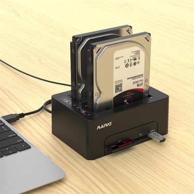 Maiwo K3082CR USB C 3.1 GEN1 5 Gb/s telakointiasema, 2 kpl SATA HDD SDD 14 Tt, UASP-tuki, SATAIII 6 Gb/s -tuki, kloonaus, kortinlukija, USB-keskitin
