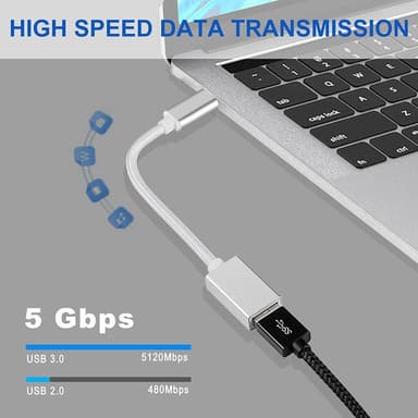 NÖRDIC USB3.2 Gen1 5Gbps USB-A OTG-USB-C-sovitin alumiini 50cm hopea OTG-USB-C-kaapeli