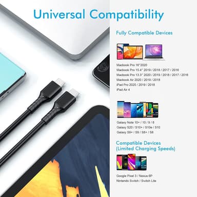 NÖRDIC 3m USB3.2 Gen2 SuperSpeed ​​​​USB 10 Gbps USB-C–C PVC-kaapeli, jossa on virransyöttö 100 W, 4K60 Hz video ja merkkivalo