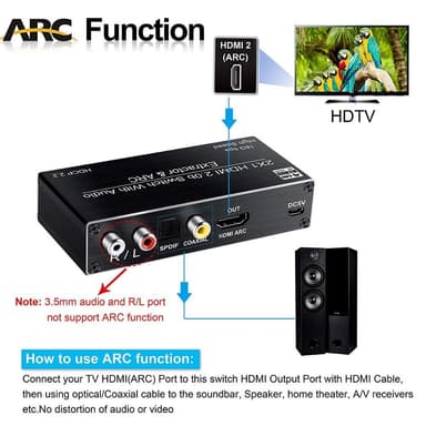 NÖRDIC HDMI kytkin 2–1 äänenerottimella ja ARC 4K 60 Hz:lla, SPDIF koaksiaalinen RCA L/R ja stereo