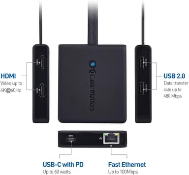 Cable Matters 1–6 USB-C-telakointiasema 2xHDMI 4K60Hz, 1xPD60W 1xRJ45 GigaLan ja 2xUSB-A, yhteensopiva Thunderbolt 3/4:n ja USB4:n kanssa