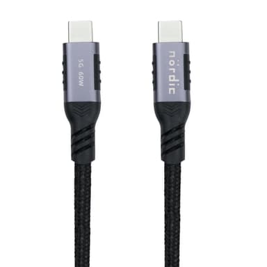 NÖRDIC 1m USB3.2 Gen1 USB-C - C nylon punottu kaapeli pikalataus 3A 5Gbps Virtalähde PD 60W