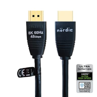 NÖRDIC CERTIFIED CABLES 1,5 m Ultra High Speed ​​​​HDMI2.1 8K 60 Hz 4K 120 Hz 144 Hz 48 Gbps Dynaaminen HDR eARC Pelitila VRR Dolby ATMOS kullattu PVC