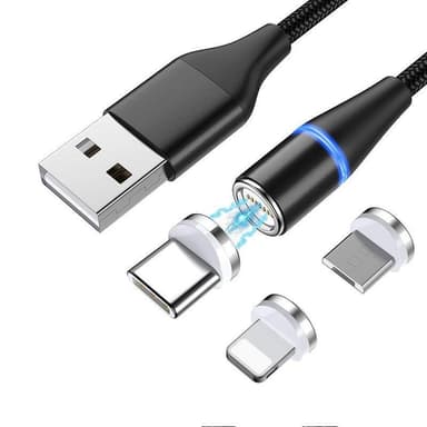 NÖRDIC USB2.0 magneettikaapeli 3i1 Lightning (ei MFI), USB-C Micro USB 1m3A musta