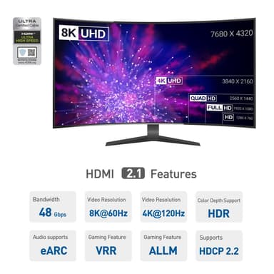Cable Matters sertifioitu erittäin nopea HDMI2.1 AOC optinen kuitukaapeli 5 m 8K 60 Hz 4K 120 Hz 48 Gb/s Dynamic HDR, eARC, VRR