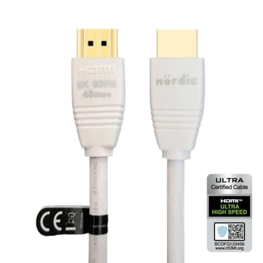NÖRDIC CERTIFIED CABLES 2m Ultra High Speed ​​​​HDMI2.1 8K 60Hz 4K 120Hz 144Hz 48Gbps Dynamic HDR eARC Pelitila VRR Dolby ATMOS kullattu PVC valkoinen