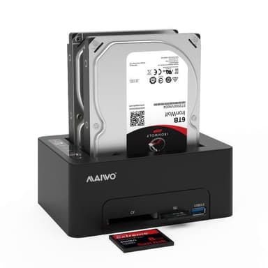 Maiwo K3082CR USB C 3.1 GEN1 5 Gb/s telakointiasema, 2 kpl SATA HDD SDD 14 Tt, UASP-tuki, SATAIII 6 Gb/s -tuki, kloonaus, kortinlukija, USB-keskitin