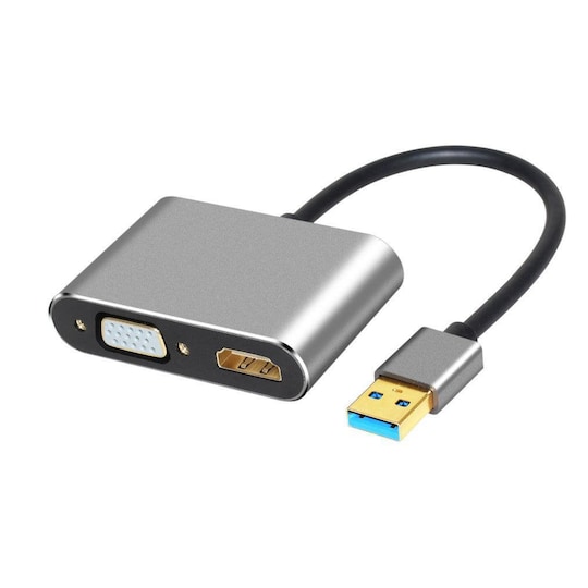 NÖRDIC USB A–HDMI 1080p- ja VGA 1080p -tuki kahdelle näytölle, peili ja laajennettu tila, 10 cm kaapeli, alumiinia, Space Grey