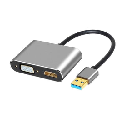 NÖRDIC USB A–HDMI 1080p- ja VGA 1080p -tuki kahdelle näytölle, peili ja laajennettu tila, 10 cm kaapeli, alumiinia, Space Grey