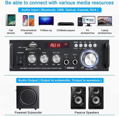 NÖRDIC Bluetooth 5.0 Stereovahvistin 2x40W AUX / USB / BT Audiovahvistin FM 2xMIC-tulolla