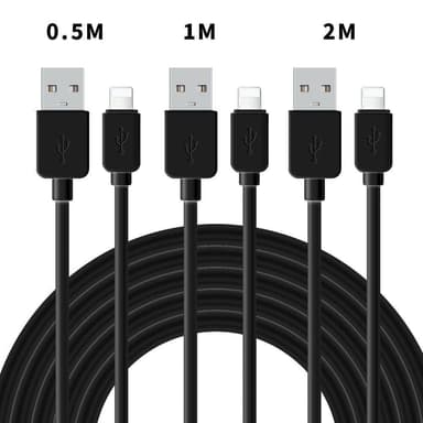 NÖRDIC kaapelisarja 3 kpl, 0,5 m+1 m+2 m, Lightning (ei MFI)–USB A 2.0, 480 Mb/s, 2,4 A, musta, iPhonelle ja iPadille