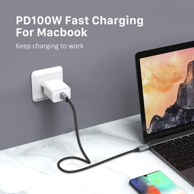NÖRDIC Thunderbolt 3–USB C -kaapeli, 1,2 m, 40 Gb/s, Power Delivery 100 W, 5K 60 Hz kaksois-4K 60 Hz UHD, musta