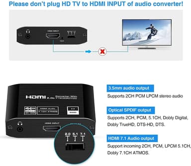 NÖRDIC HDMI Extractor HDMI - HDMI, Toslink ja 3,5 mm audio 4K 60 Hz Dolby 3D 7,1 CH Dolby ATMOSHDR HDCP2.2 RGB 8: 8: 8