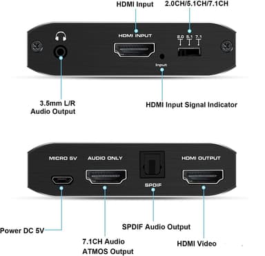 NÖRDIC HDMI Extractor HDMI - HDMI, Toslink ja 3,5 mm audio 4K 60 Hz Dolby 3D 7,1 CH Dolby ATMOSHDR HDCP2.2 RGB 8: 8: 8