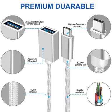 NÖRDIC USB3.2 Gen1 5Gbps USB-A OTG-USB-C-sovitin alumiini 50cm hopea OTG-USB-C-kaapeli