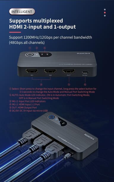 NÖRDIC HDMI-kytkin 2 - 1 8K60Hz 4K120Hz 48Gbps HDR HDCP2.3 Surround 7.1 CEC