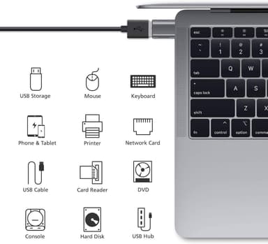 NÖRDIC USB A 3.0 OTG naaras–USB C uros -sovitin, metallinmusta