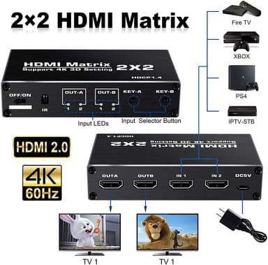NÖRDIC matriisi-HDMI-kytkin 2–2 HDMI 2.0 4K 60 Hz, HDCP1.4 3D YUV 4:2:0
