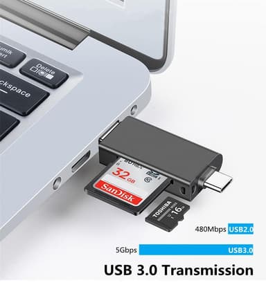 NÖRDIC OTG -kortinlukija 3 in 1 USB-C + Lightning + USB-A 3.0 -tuki SD / TF Micro SD -kortille Jopa 2TB 5Gbps