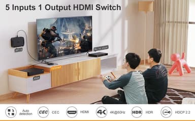 NÖRDIC HDMI 2.0 -kytkin 5-1 4K 60Hz 18Gbps 3D UHD RGB 4:4:4 HDCP 2.2 HDR10 LPCM 7.1, Dolby TrueHD ja DTS-HD Master Audio