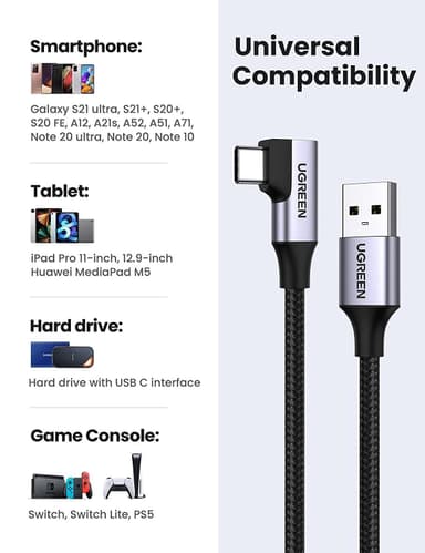 Ugreen Kulma USB C uros USB A 3.1 Mies Fast Charge 3A 5Gbps 1m