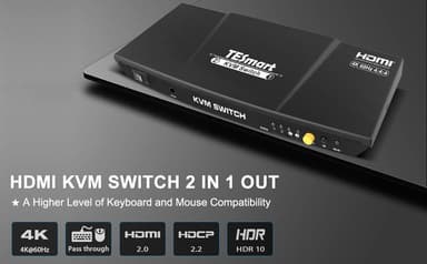 NÖRDIC KVM Switch 2 to 1 HDMI 2.0 4K 60Hz 3xUSB PC, Xbox, PS5 ja kannettava HDR10 HDCP2.2