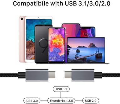 NÖRDIC Thunderbolt 3–USB C -kaapeli, 1,2 m, 40 Gb/s, Power Delivery 100 W, 5K 60 Hz kaksois-4K 60 Hz UHD, musta