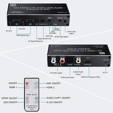 NÖRDIC HDMI kytkin 2–1 äänenerottimella ja ARC 4K 60 Hz:lla, SPDIF koaksiaalinen RCA L/R ja stereo