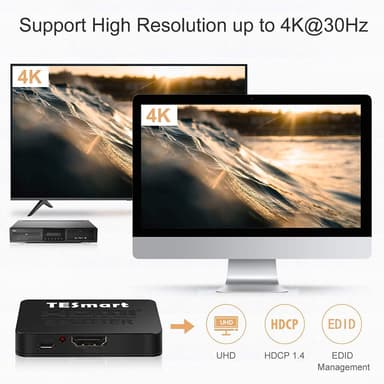NÖRDIC HDMI jakaja, 1–2 UHD HDMI 4K 30 Hz, 10,2 Gb/s, LPCM 7.1 Dolby TrueHD, Dolby Digital Plus DTS-HD Master Audio