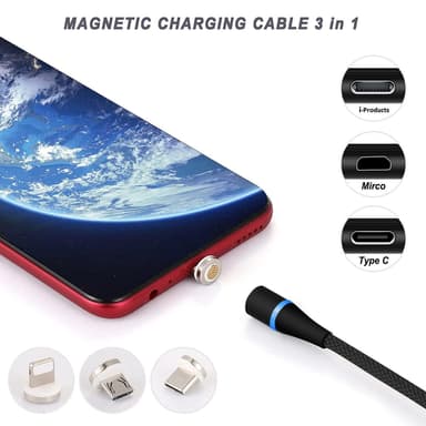 NÖRDIC USB2.0 magneettikaapeli 3i1 Lightning (ei MFI), USB-C Micro USB 1m3A musta