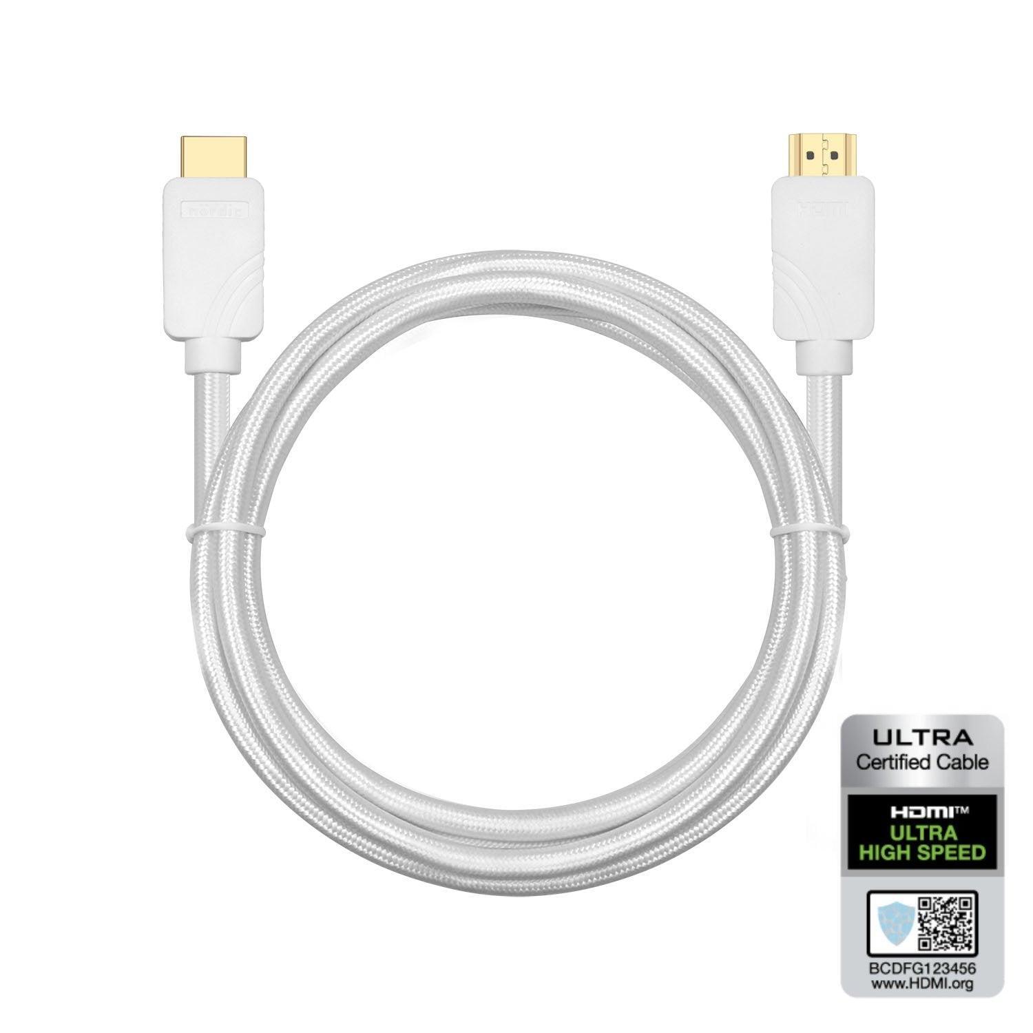 NÖRDIC CERTIFIED CABLE 1.5m HDMI 2.1 Ultra High Speed ​​8K 60Hz 4K 120Hz 48Gbps Dynamic HDR eARC Game Mode VRR Dolby ATMOS nailonpunottu kullattu
