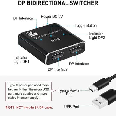 NÖRDIC 8K30Hz Displayport-kytkin 2-1 ja jakaja 1-2, 4K120hz