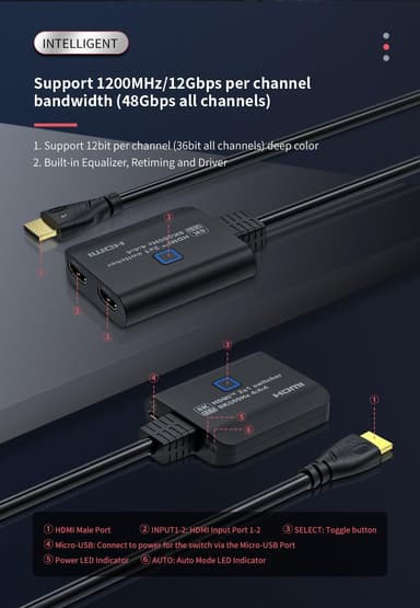 NÖRDIC HDMI 2.1 -kytkin 2 - 1 8K60Hz 4K120Hz 48Gbps HDR HDCP2.3 Surround 7.1 CEC