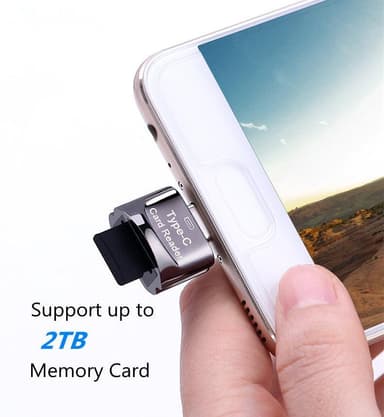 NÖRDIC USB-C 3.1 kortinlukija avaimenperällä 5Gbps TF, MicroSD, Micro SDHC, Micro SDXC 2TB UHS-I hopea