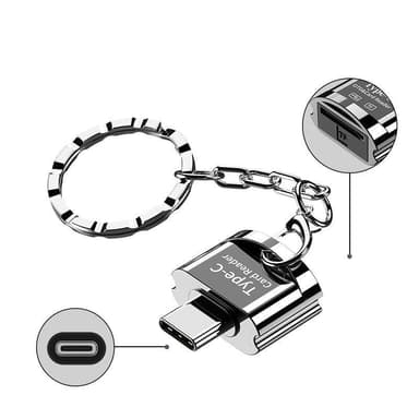 NÖRDIC USB-C 3.1 kortinlukija avaimenperällä 5Gbps TF, MicroSD, Micro SDHC, Micro SDXC 2TB UHS-I hopea