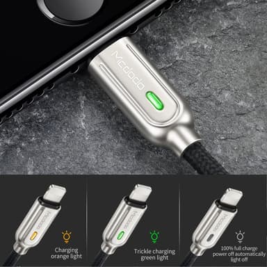 Mcdodo CA-5264 Apple Lightning (ei MFI)–USB A -kaapeli, synkronointiin ja nopeaan lataukseen, LED-valo, automaattinen latauksen pysäytys, musta, 1,2 m