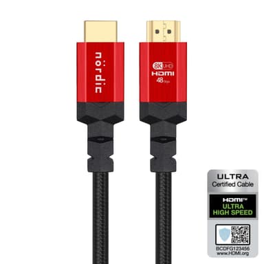 NÖRDIC CERTIFIED CABLES  3 m Ultra High Speed HDMI 2.1 8K 60 Hz, 4K 120 Hz 48 Gb/s Dynamic HDR eARC VRR nailonpunottu kaapeli, kullattu
