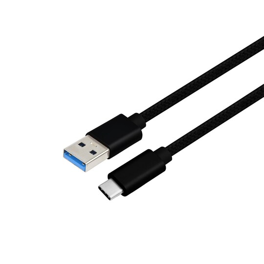 NÖRDIC 1 m USB C–USB A -kaapeli, USB3.1 Gen1, pikalataus 60 W, 5 Gb/s, 3 A, nailonpunottu, musta